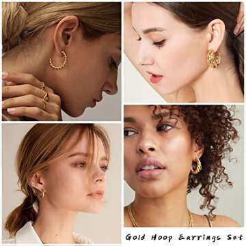 IFKM Gold Jewelry Set For Women, 14k Gold Plated Multi Layer Necklaces Bracelets Stackable Knuckle Rings Hoop Earrings set, Trendy Elegance Charms Non Tarnish Minimalist Textured Boho Jewelry Gift