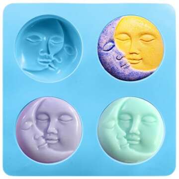 Hedume 3 Pack Sun & Moon Silicone Soap Molds, 4 Cavity Sun & Moon Face Soap Molds, Crescent Moon Fac...
