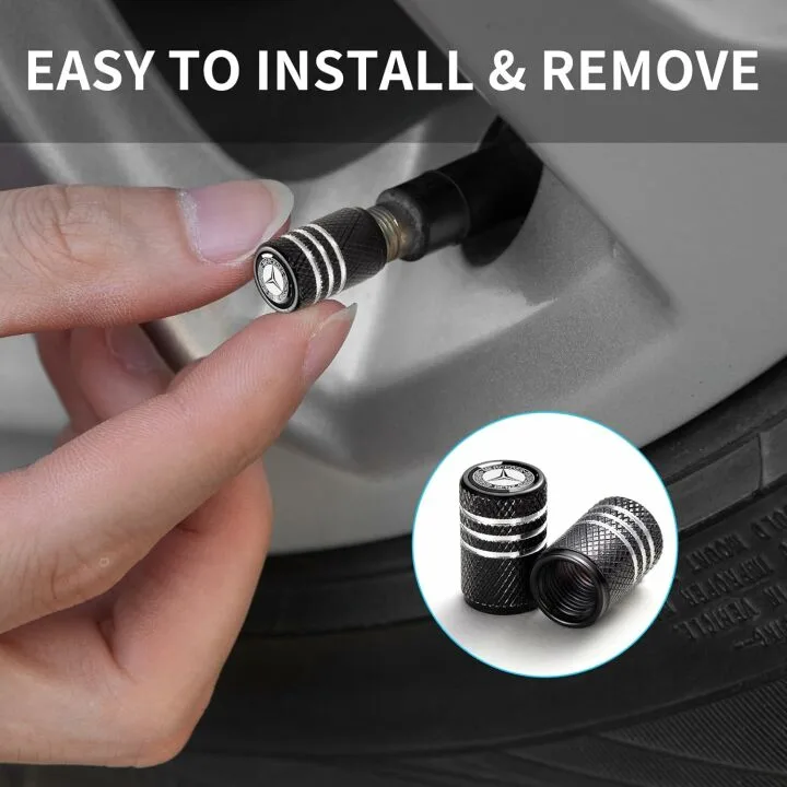 Tire Valve Stem Caps for Mercedes - 4 Pack Black
