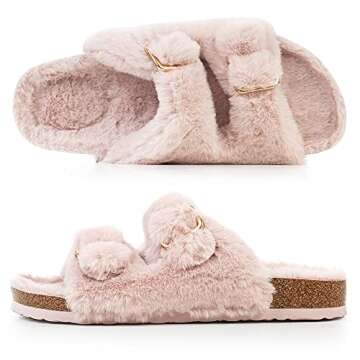 FITORY Womens Open Toe Slipper with Cozy Lining,Faux Rabbit Fur Cork Slide Sandals Pink Size 9