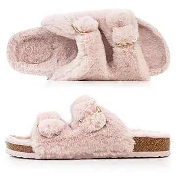 FITORY Womens Open Toe Slipper with Cozy Lining,Faux Rabbit Fur Cork Slide Sandals Pink Size 9