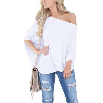LACOZY Women's Casual Waffle Knit Tunic Blouse Sexy Off The Shoulder Tops Knot Batwing T Shirt, 01-white , Small