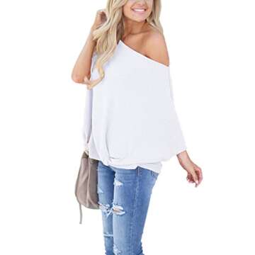 LACOZY Women's Casual Waffle Knit Tunic Blouse Sexy Off The Shoulder Tops Knot Batwing T Shirt, 01-white , Small