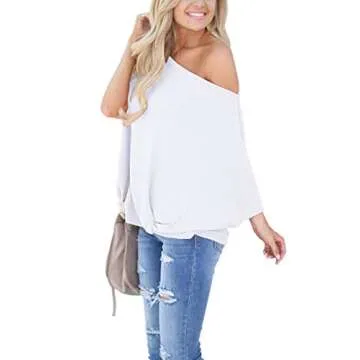LACOZY Women's Casual Waffle Knit Tunic Blouse Sexy Off The Shoulder Tops Knot Batwing T Shirt, 01-white , Small