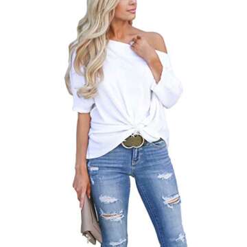 LACOZY Women's Casual Waffle Knit Tunic Blouse Sexy Off The Shoulder Tops Knot Batwing T Shirt, 01-white , Small