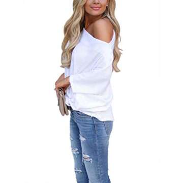LACOZY Women's Casual Waffle Knit Tunic Blouse Sexy Off The Shoulder Tops Knot Batwing T Shirt, 01-white , Small
