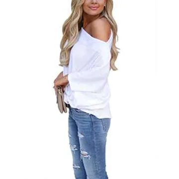 LACOZY Women's Casual Waffle Knit Tunic Blouse Sexy Off The Shoulder Tops Knot Batwing T Shirt, 01-white , Small