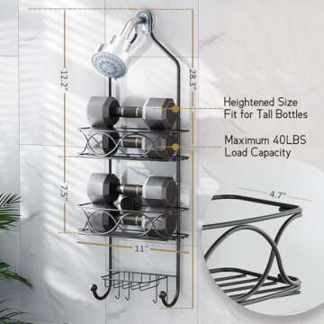 LEVERLOC Shower Caddy Over Shower Head Anti-Swing with Strong Suction Cup, Bathroom Organizer Hanging Rustproof with Hooks for Razor Towel and Sponge, Shelf for Bathroom, Metal Black