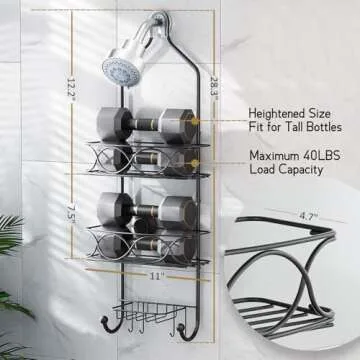 LEVERLOC Shower Caddy Over Shower Head Anti-Swing with Strong Suction Cup, Bathroom Organizer Hanging Rustproof with Hooks for Razor Towel and Sponge, Shelf for Bathroom, Metal Black