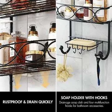 LEVERLOC Shower Caddy Over Shower Head Anti-Swing with Strong Suction Cup, Bathroom Organizer Hanging Rustproof with Hooks for Razor Towel and Sponge, Shelf for Bathroom, Metal Black