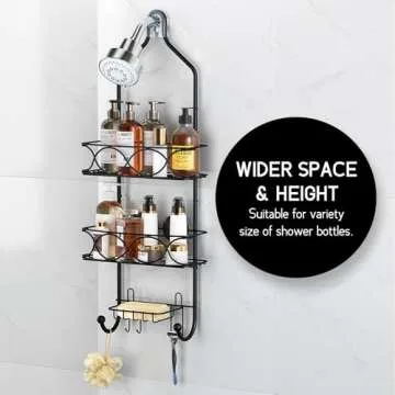LEVERLOC Shower Caddy Over Shower Head Anti-Swing with Strong Suction Cup, Bathroom Organizer Hanging Rustproof with Hooks for Razor Towel and Sponge, Shelf for Bathroom, Metal Black