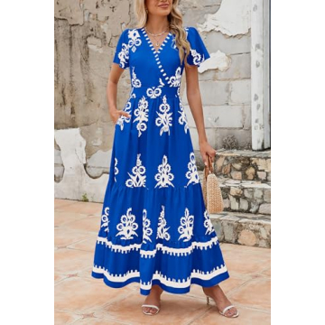PRETTYGARDEN Summer V Neck Boho Maxi Dress with Pockets