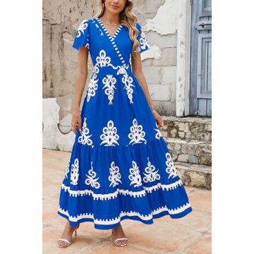 PRETTYGARDEN Summer V Neck Boho Maxi Dress with Pockets