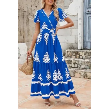 PRETTYGARDEN Summer V Neck Boho Maxi Dress with Pockets