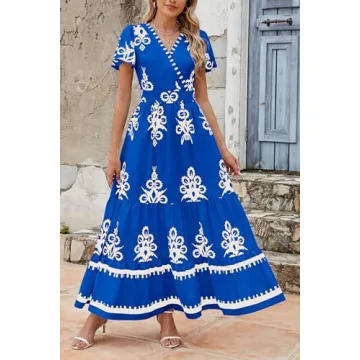 PRETTYGARDEN Summer V Neck Boho Maxi Dress with Pockets