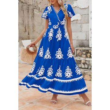 PRETTYGARDEN Summer V Neck Boho Maxi Dress with Pockets