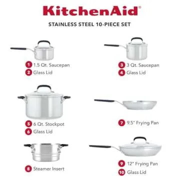 KitchenAid Stainless Steel Cookware Set – 10 Piece Cookware Collection, Durable & Versatile