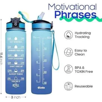 Giotto 32oz Large Leakproof BPA Free Drinking Water Bottle with Time Marker & Straw to Ensure You Drink Enough Water Throughout The Day for Fitness and Outdoor Enthusiasts-Ombre Orange Green