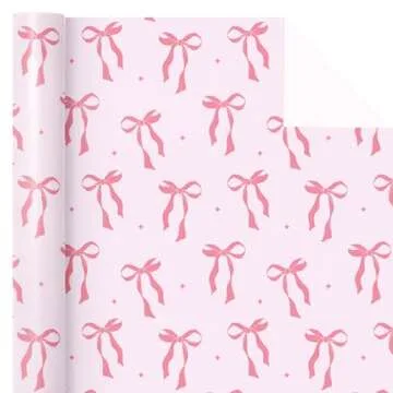 WRAPAHOLIC Pink Bow Wrapping Paper Roll - 17 Inches x 16.5 Feet for All Celebrations
