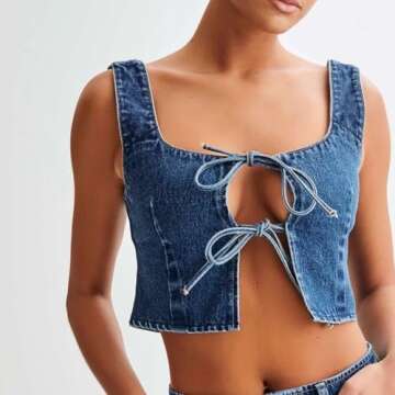 Hesaco Denim Outfit for Women, Jean Vest Denim Set 2 Piece Outfits Casual Sleeveless Top Denim Tie Vest Denim Vest Jean Skirt (Blue,XL,X-Large)