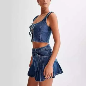 Hesaco Denim Outfit for Women, Jean Vest Denim Set 2 Piece Outfits Casual Sleeveless Top Denim Tie Vest Denim Vest Jean Skirt (Blue,XL,X-Large)