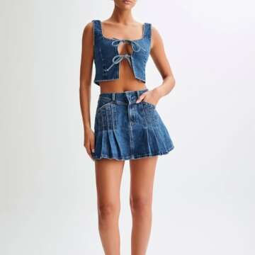 Hesaco Denim Outfit for Women, Jean Vest Denim Set 2 Piece Outfits Casual Sleeveless Top Denim Tie Vest Denim Vest Jean Skirt (Blue,XL,X-Large)