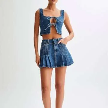 Hesaco Denim Outfit for Women, Jean Vest Denim Set 2 Piece Outfits Casual Sleeveless Top Denim Tie Vest Denim Vest Jean Skirt (Blue,XL,X-Large)