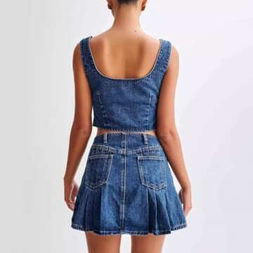 Hesaco Denim Outfit for Women, Jean Vest Denim Set 2 Piece Outfits Casual Sleeveless Top Denim Tie Vest Denim Vest Jean Skirt (Blue,XL,X-Large)
