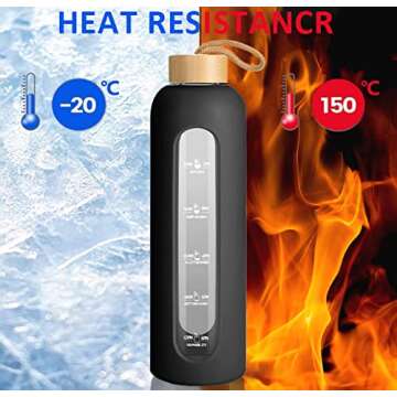 Sursip 32oz Motivational Glass Water Bottle with Time Marker, Silicone Sleeve, and Bamboo Lid - 1 Liter Reusable Drinking Bottle with Ice Cube Tray, Leak-Proof Design