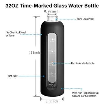 Sursip 32oz Motivational Glass Water Bottle with Time Marker, Silicone Sleeve, and Bamboo Lid - 1 Liter Reusable Drinking Bottle with Ice Cube Tray, Leak-Proof Design