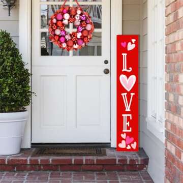 47"H Valentines Wooden Porch Sign Large Red Love Porch Sign Valentine Day Vertical Porch Sign Front ...