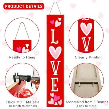 47"H Valentines Wooden Porch Sign Large Red Love Porch Sign Valentine Day Vertical Porch Sign Front Door Rustic Tall Welcome sign for Farmhouse Home Front Door Yard Party Decor