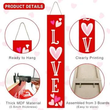 47"H Valentines Wooden Porch Sign Large Red Love Porch Sign Valentine Day Vertical Porch Sign Front Door Rustic Tall Welcome sign for Farmhouse Home Front Door Yard Party Decor