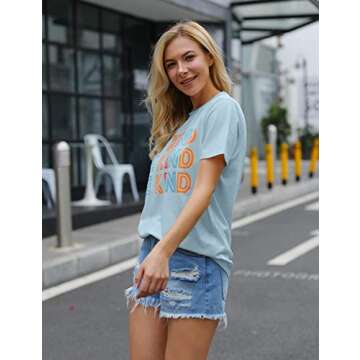 Blooming Jelly Womens Be Kind Shirt Short Sleeve Graphic Tees Loose Fit Tshirts Cute Casual Summer Tops Funny Teacher Outfits (US, Alpha, Small, Regular, Regular, Blue)