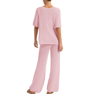 Imily Bela Women's Summer 2 Piece Swimsuit Cover up Crochet Knit Cardigan Tops Long Pants Set Bathing Suit Beach Outfit Light Pink