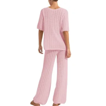 Imily Bela Women's Summer 2 Piece Swimsuit Cover up Crochet Knit Cardigan Tops Long Pants Set Bathing Suit Beach Outfit Light Pink