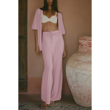 Imily Bela Women's Summer 2 Piece Swimsuit Cover up Crochet Knit Cardigan Tops Long Pants Set Bathing Suit Beach Outfit Light Pink