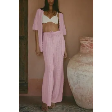 Imily Bela Women's Summer 2 Piece Swimsuit Cover up Crochet Knit Cardigan Tops Long Pants Set Bathing Suit Beach Outfit Light Pink