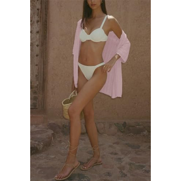 Imily Bela Women's Summer 2 Piece Swimsuit Cover up Crochet Knit Cardigan Tops Long Pants Set Bathing Suit Beach Outfit Light Pink