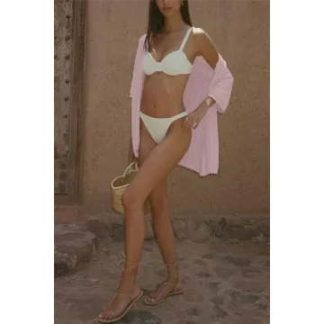 Imily Bela Women's Summer 2 Piece Swimsuit Cover up Crochet Knit Cardigan Tops Long Pants Set Bathing Suit Beach Outfit Light Pink