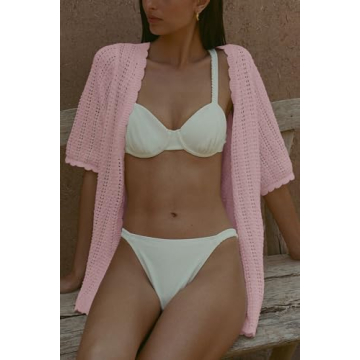 Imily Bela Women's Summer 2 Piece Swimsuit Cover up Crochet Knit Cardigan Tops Long Pants Set Bathing Suit Beach Outfit Light Pink