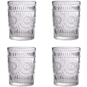 Amzcku Vintage Drinking Glass Set of 4, 10 oz - For Cocktails, Mixed Drinks, Whiskey, Beverage, Wate...