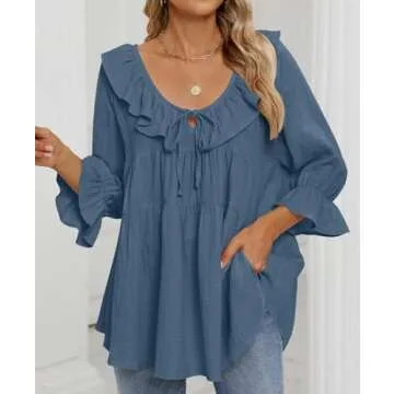 ZESICA Womens Scoop Neck 3/4 Length Sleeve Tops Casual Tie Front Ruffle Tiered Loose Tunic Shirts Blouses Spring Outfits,Dusty Blue,Medium