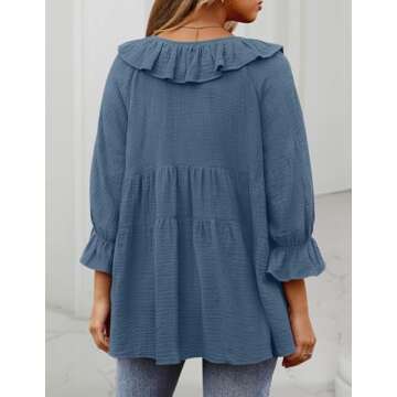 ZESICA Womens Scoop Neck 3/4 Length Sleeve Tops Casual Tie Front Ruffle Tiered Loose Tunic Shirts Blouses Spring Outfits,Dusty Blue,Medium