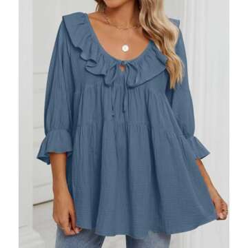 ZESICA Womens Scoop Neck 3/4 Length Sleeve Tops Casual Tie Front Ruffle Tiered Loose Tunic Shirts Blouses Spring Outfits,Dusty Blue,Medium