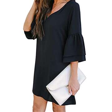 Summer Dresses Swimsuit Cover ups for Women Casual Bell Sleeve V Neck Shift Dress Short Beach House Dresses(Black)