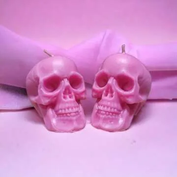 2 pcs pink skull candles for love spells (gift, witches, witch, figure, aessthetic, skeleton, goth, spooky, ritual, fireplace, decorations, bloody, brain, spiritual, weird, satanic, drip)