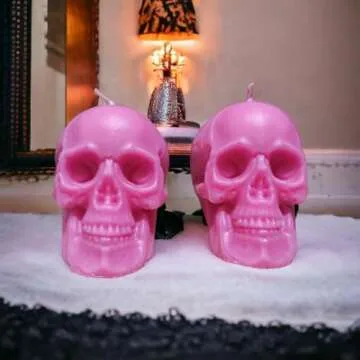 2 pcs pink skull candles for love spells (gift, witches, witch, figure, aessthetic, skeleton, goth, spooky, ritual, fireplace, decorations, bloody, brain, spiritual, weird, satanic, drip)