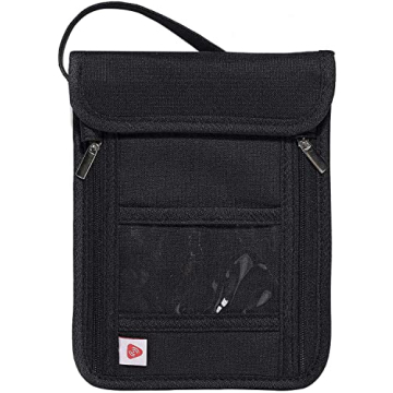 RFID Blocking Stash Neck Wallet - Travel Pouch Passport Holder for Women Men - Black