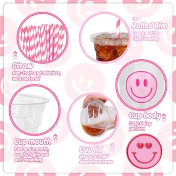 Whaline 50Pcs Valentine’s Day Pink Smile Face Cups with Lids and Straws 12oz Disposable Plastic Party Cups Preppy Happy Face Cold Beverage Drinking Cup for Birthday Party Baby Shower Wedding